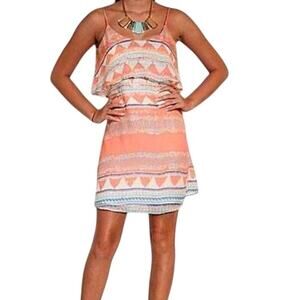 Charlie Jade Mila Dress XS Coral Aztec Silk Spaghetti Strap Layered Boho Chic